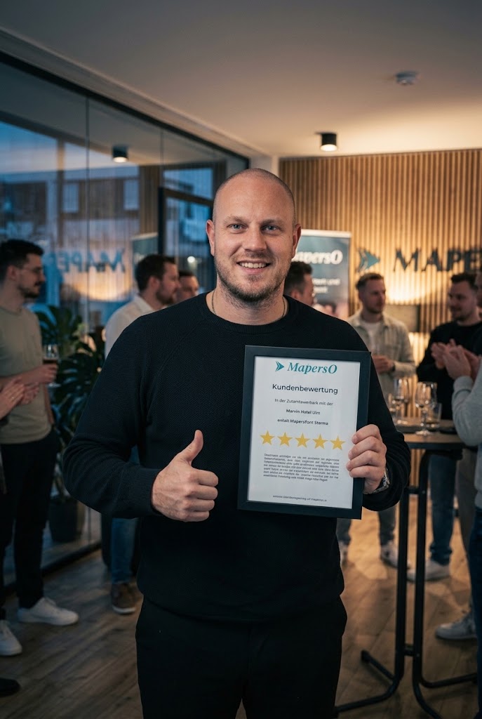 Marvin Asmuß, Gründer von Maperso, mit Kundenbewertung im Büro